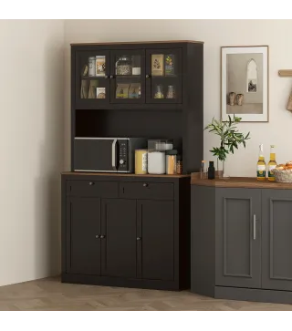 Alacena de Cocina con 3 Puertas de Vidrio Compartimento Abierto 2 Cajones y Estantes Ajustables 100x40x180 cm Negro