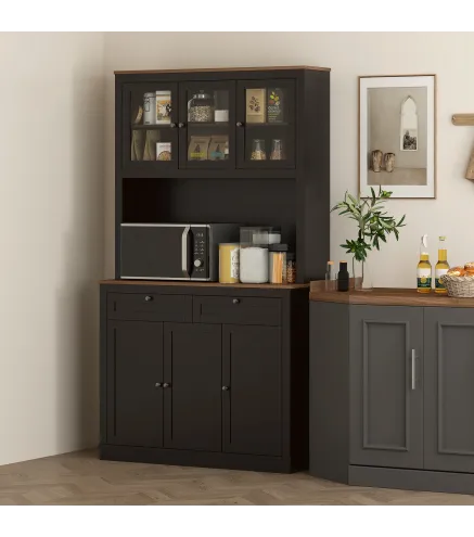 Alacena de Cocina con 3 Puertas de Vidrio Compartimento Abierto 2 Cajones y Estantes Ajustables 100x40x180 cm Negro