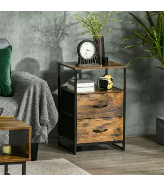 Mesita Auxiliar de Estilo Industrial con Cajones de Tela Plegables y Estante Abierto 45x40x70,5 cm Marrón Rústico