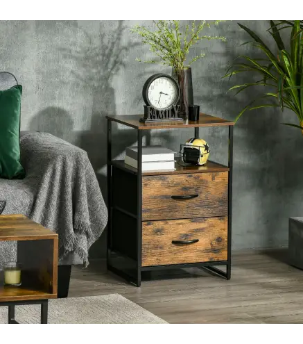 Mesita Auxiliar de Estilo Industrial con Cajones de Tela Plegables y Estante Abierto 45x40x70,5 cm Marrón Rústico