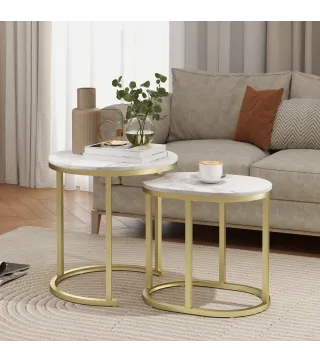 Juego de 2 Mesas de Centro Mesitas Auxiliares Tablero con Efecto Mármol Marco de Acero Dorado