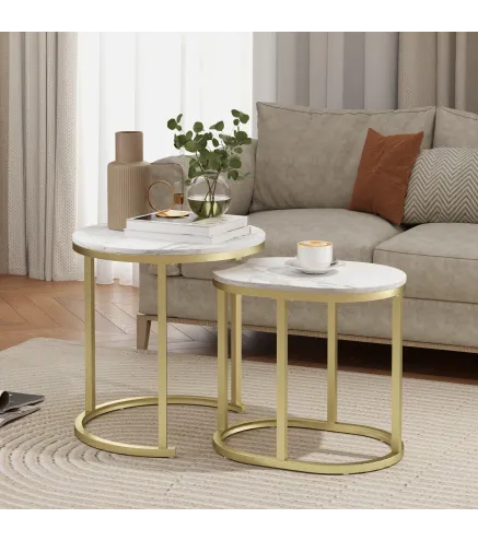 Juego de 2 Mesas de Centro Mesitas Auxiliares Tablero con Efecto Mármol Marco de Acero Dorado