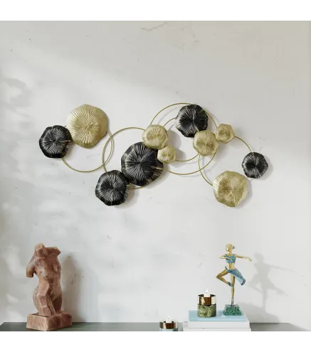 Decoración de Pared de Metal con Forma de Hoja de Loto Escultura de Pared para Decoración Hogar 84x35 cm Dorado y Negro