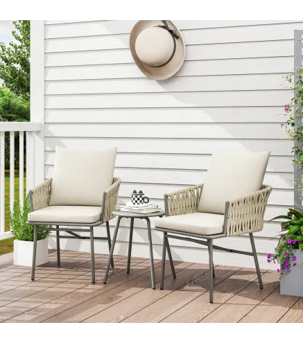 Conjunto de Muebles de Jardín de Ratán Sintético con 2 Sillas con Cojines Extraíbles y Mesa con Tablero de Metal Gris