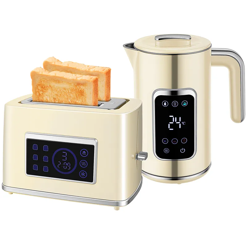 Set Desayuno con Pantalla LED Táctil Hervidor de Agua 1,7L 2200W Tostadora Pan Ranura Ancha 2 Rebanadas Crema