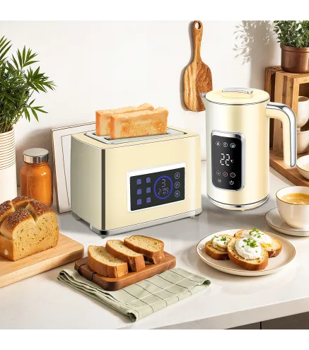 Set Desayuno con Pantalla LED Táctil Hervidor de Agua 1,7L 2200W Tostadora Pan Ranura Ancha 2 Rebanadas Crema