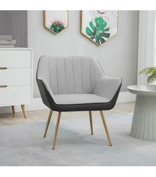 Silla de Cuero Sintético y Terciopelo con Respaldo a Rayas Patas Doradas y Asiento Acolchado para Salón Dormitorio Gris