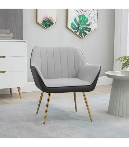 Silla de Cuero Sintético y Terciopelo con Respaldo a Rayas Patas Doradas y Asiento Acolchado para Salón Dormitorio Gris