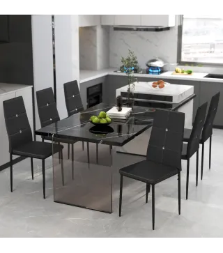 Juego de 6 Sillas de Comedor Tapizada en PU con Respaldo Alto con Botones y Patas de Acero Diseño Moderno Negro
