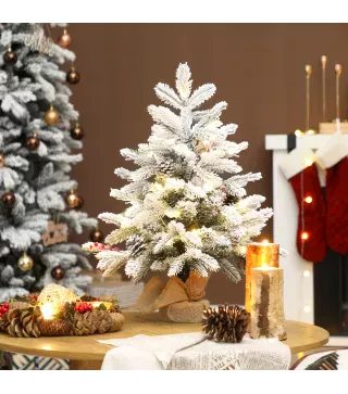 Mini Árbol de Navidad Artificial 60 cm con 35 Luces LED 182 Ramas Densas con Nieve Adornos y Base de Arpillera Verde