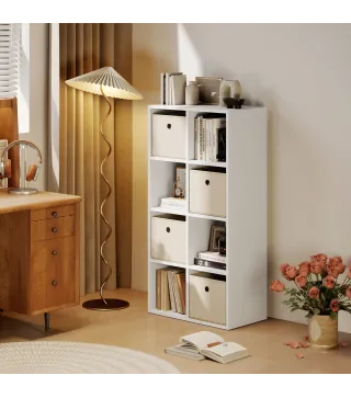 Estantería de 8 Cubos con 4 Cajones de Tela Horizontal o Vertical para Salón Dormitorio 105,9x30x53,7 cm Blanco y Beige