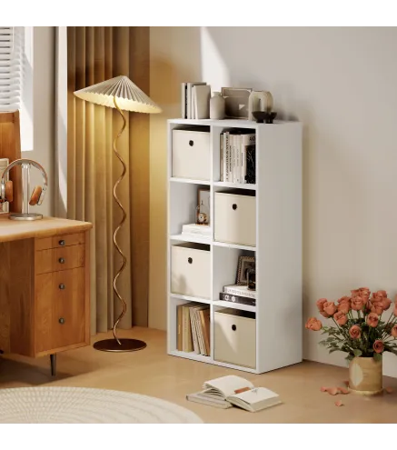 Estantería de 8 Cubos con 4 Cajones de Tela Horizontal o Vertical para Salón Dormitorio 105,9x30x53,7 cm Blanco y Beige