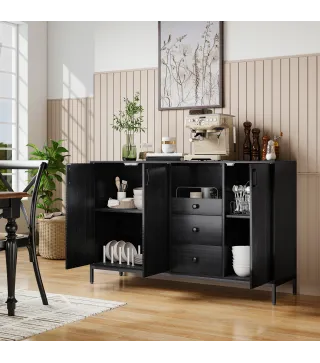 Aparador de 3 Puertas Aparador de Salón con 3 Cajones Estantes Ajustables para Cocina Entrada Negro 143,5x40x90 cm