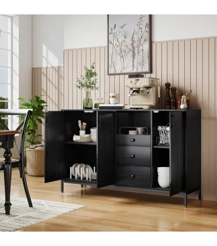 Aparador de 3 Puertas Aparador de Salón con 3 Cajones Estantes Ajustables para Cocina Entrada Negro 143,5x40x90 cm