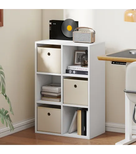 Estantería Cubo de Almacenamiento con 6 Compartimentos y 3 Cajones de Tela para Salón 53,7x30x79,8 cm Blanco y Beige