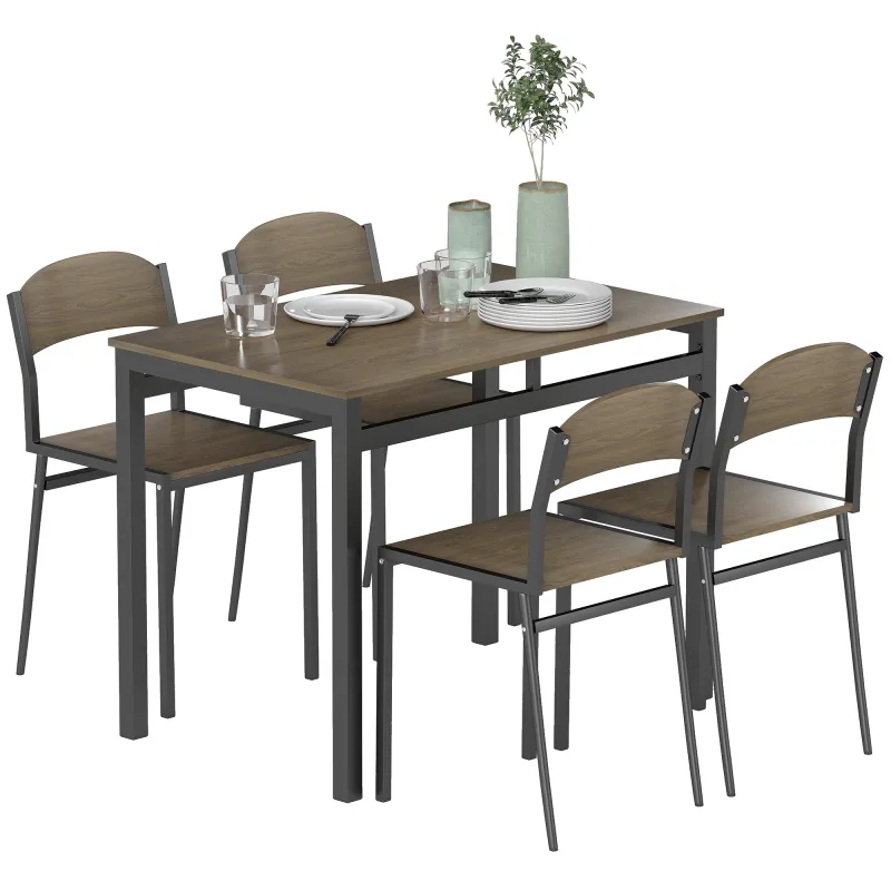 Conjunto de Mesa y 4 Sillas de Comedor para 4 Personas, Estilo Moderno con Estructura Metálica, Marrón Oscuro y Negro Conjunto de Mesa y 4 Sillas de Comedor para 4 Personas, Estilo Moderno con Estructura Metálica, Marrón Oscuro y Negro