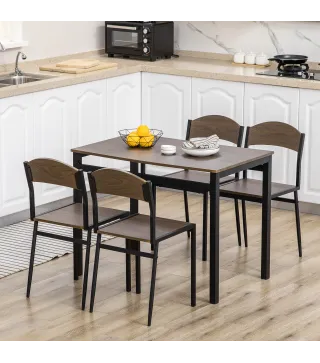 Juego de Mesa y 4 Sillas de Comedor Estilo Moderno Marco Metálico para Espacios Pequeños Marrón Oscuro y Negro