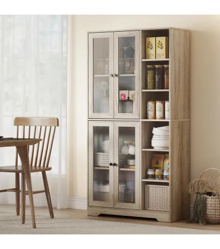 Alacena de Cocina con Vitrinas con 4 Puertas Cierre Suave y Estantes Ajustables, 90x35x172 cm Gris Claro