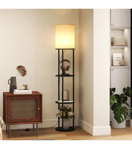 Lámpara de Pie con Estantes con 3 Temperaturas de Color Control Remoto para Salón Dormitorio Oficina Negro