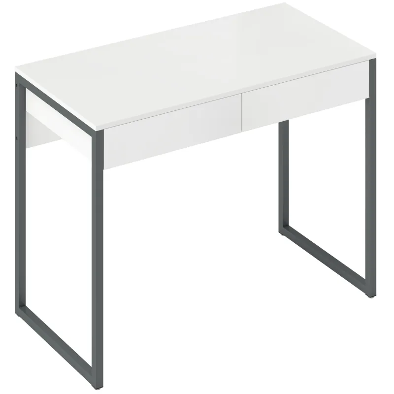 Escritorio con 2 Cajones 100x50x75 cm Mesa de Ordenador Patas de Acero para Casa Espacios Pequeños Blanco Brillante