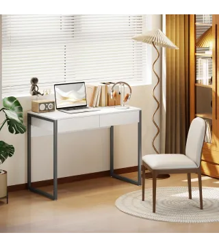 Escritorio con 2 Cajones 100x50x75 cm Mesa de Ordenador Patas de Acero para Casa Espacios Pequeños Blanco Brillante