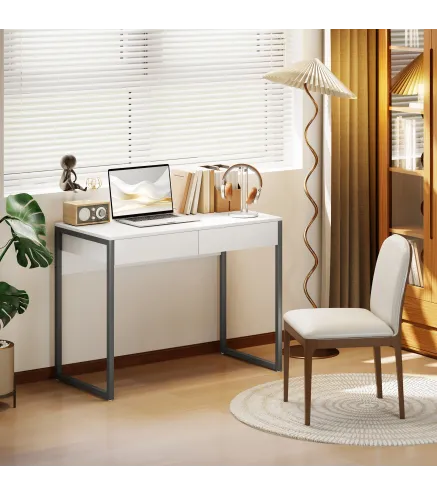 Escritorio con 2 Cajones 100x50x75 cm Mesa de Ordenador Patas de Acero para Casa Espacios Pequeños Blanco Brillante