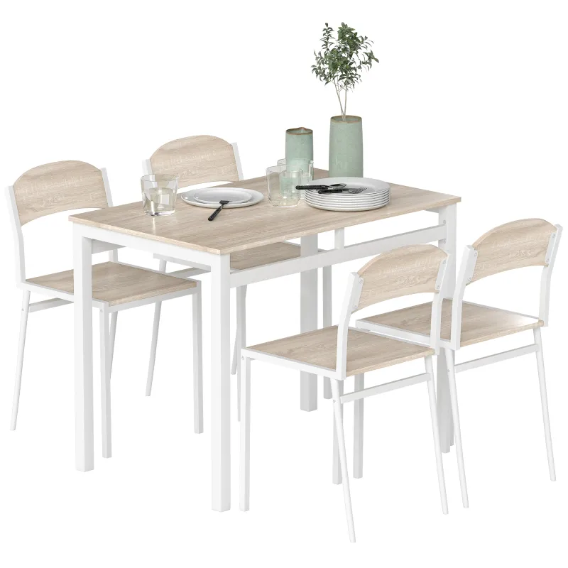 Juego de Mesa y 4 Sillas de Comedor Estilo Moderno Marco Metálico para Espacios Pequeños Blanco