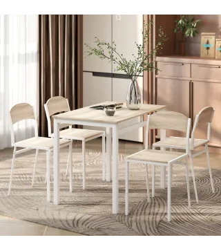 Juego de Mesa y 4 Sillas de Comedor Estilo Moderno Marco Metálico para Espacios Pequeños Blanco