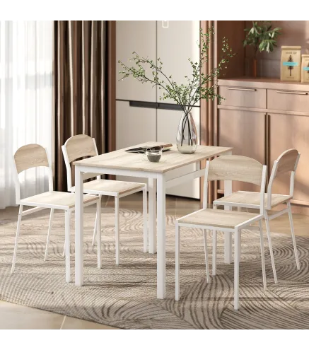 Juego de Mesa y 4 Sillas de Comedor Estilo Moderno Marco Metálico para Espacios Pequeños Blanco