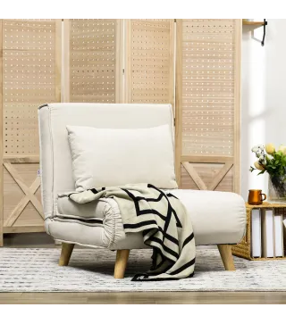 Sillón Cama Individual 2 en 1 Sofá Cama Plegable con Respaldo Ajustable y Cojín para Sala Dormitorio 72x78x79 cm Crema