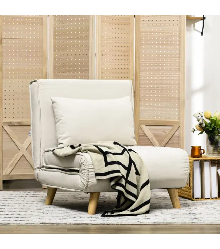 Sillón Cama Individual 2 en 1 Sofá Cama Plegable con Respaldo Ajustable y Cojín para Sala Dormitorio 72x78x79 cm Crema