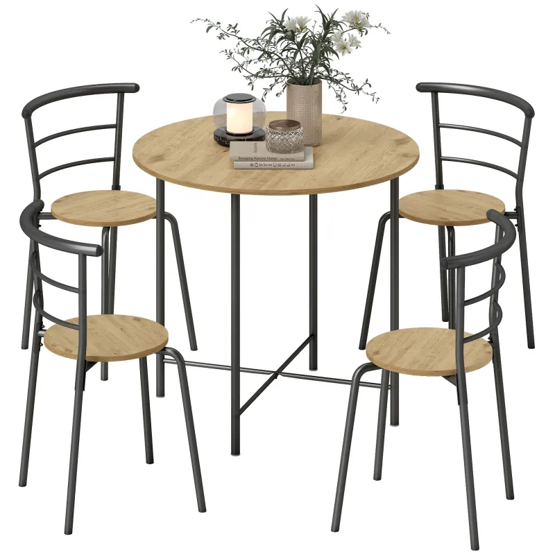 Juego de Mesa y 4 Sillas de Comedor Redonda Estilo Industrial Marco Metálico para Espacios Pequeños Salón Natural