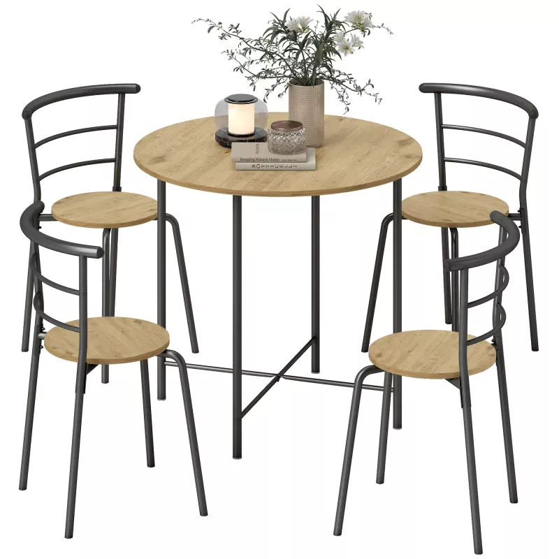 Juego de Mesa y 4 Sillas de Comedor Redonda Estilo Industrial Marco Metálico para Espacios Pequeños Salón Natural Juego de Mesa y 4 Sillas de Comedor Redonda Estilo Industrial Marco Metálico para Espacios Pequeños Salón Natural