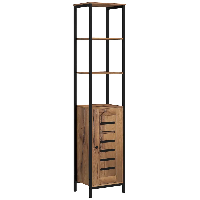 Columna de Baño Estrecha con Puerta de Lamas Estantes Ajustables Compartimentos Abiertos 37x30x167 cm Marrón Rústico