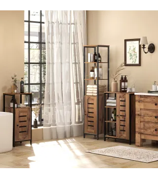 Columna de Baño Estrecha con Puerta de Lamas Estantes Ajustables Compartimentos Abiertos 37x30x167 cm Marrón Rústico