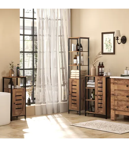 Columna de Baño Estrecha con Puerta de Lamas Estantes Ajustables Compartimentos Abiertos 37x30x167 cm Marrón Rústico