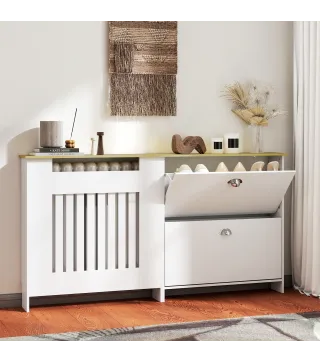 Cubre Radiadores con Zapatero Cubierta para Radiador con 2 Cajones Abatibles 152x19x81 cm Blanco