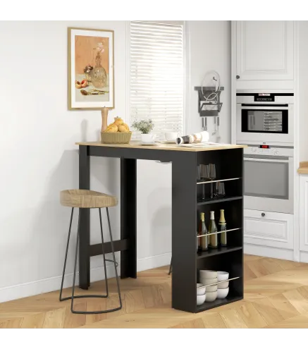 Mesa Alta de Bar Mesa de Cocina con 3 Estantes Marco de Madera Estilo Moderno 112x57x106 cm Negro y Natural