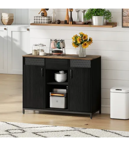 Aparador de 2 Puertas con Orificios 2 Compartimentos y Cajón Estantes Ajustables 100x40x80 cm Negro