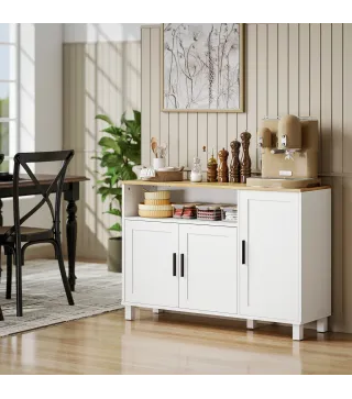 Aparador de 3 Puertas de Cierre Suave con Estantes Ajustables Compartimento Abierto Patas de Madera Blanco