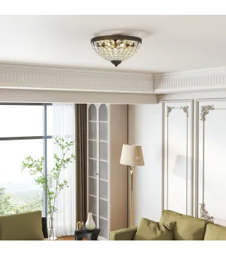 Lámpara de Techo de Cristal Vintage con 2 Casquillos E14 40W con 168 Cuentas de Cristal para Dormitorio Salón Negro