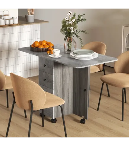 Mesa Plegable de Comedor con Ruedas Alas Abatibles 2 Cajones y Armario Hasta 6 Personas 120x60x76,5 cm Gris