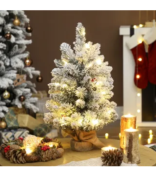 Mini Árbol de Navidad Artificial 60 cm con 35 Luces LED 72 Ramas Densas con Nieve Adornos y Base de Arpillera Verde