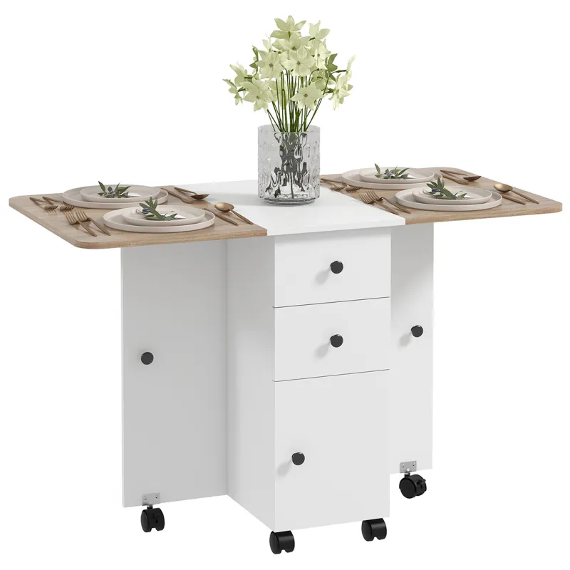 Mesa Plegable de Comedor con Ruedas Alas Abatibles 2 Cajones y Armario Hasta 6 Personas 120x60x76,5 cm Blanco y Natural