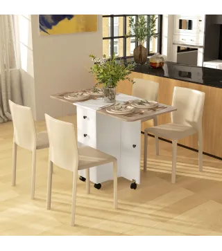 Mesa Plegable de Comedor con Ruedas Alas Abatibles 2 Cajones y Armario Hasta 6 Personas 120x60x76,5 cm Blanco y Natural
