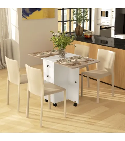 Mesa Plegable de Comedor con Ruedas Alas Abatibles 2 Cajones y Armario Hasta 6 Personas 120x60x76,5 cm Blanco y Natural