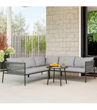 Conjunto Jardín Exterior de Ratán con 2 Sofás de 2 Plazas Sofá Esquina Mesa Redonda Cojines Terraza Gris Oscuro