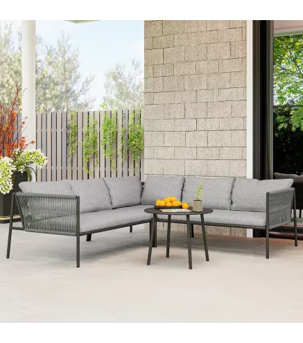 Conjunto Jardín Exterior de Ratán con 2 Sofás de 2 Plazas Sofá Esquina Mesa Redonda Cojines Terraza Gris Oscuro