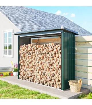 Casetilla para Leña de Acero Galvanizado con Base Elevada y Techo Inclinado 213x66,5x150 cm Verde