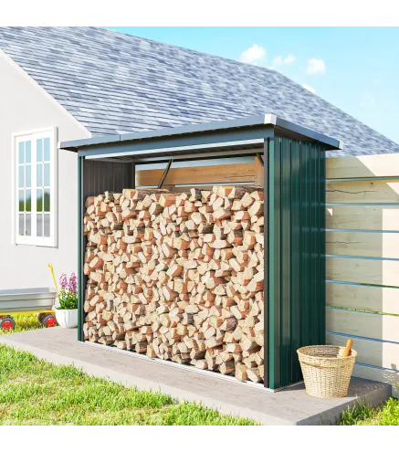 Casetilla para Leña de Acero Galvanizado con Base Elevada y Techo Inclinado 213x66,5x150 cm Verde